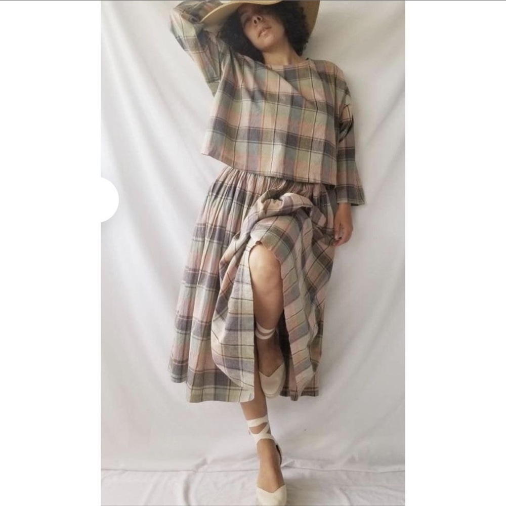Vintage 80s Norma Kamali Rare 2 Piece Indian Cotton Madras Plaid Dress &… - Picture 4 of 16